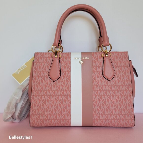 MICHAEL KORS Marilyn Medium Signature Logo Satchel-Sunrise Rose Multi - Picture 1 of 16